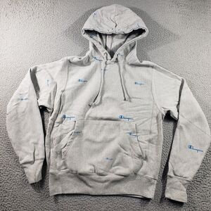 Champion Reverse Weave Hoodie Mens Small Gray Pullover All Over Print Sweatshirt